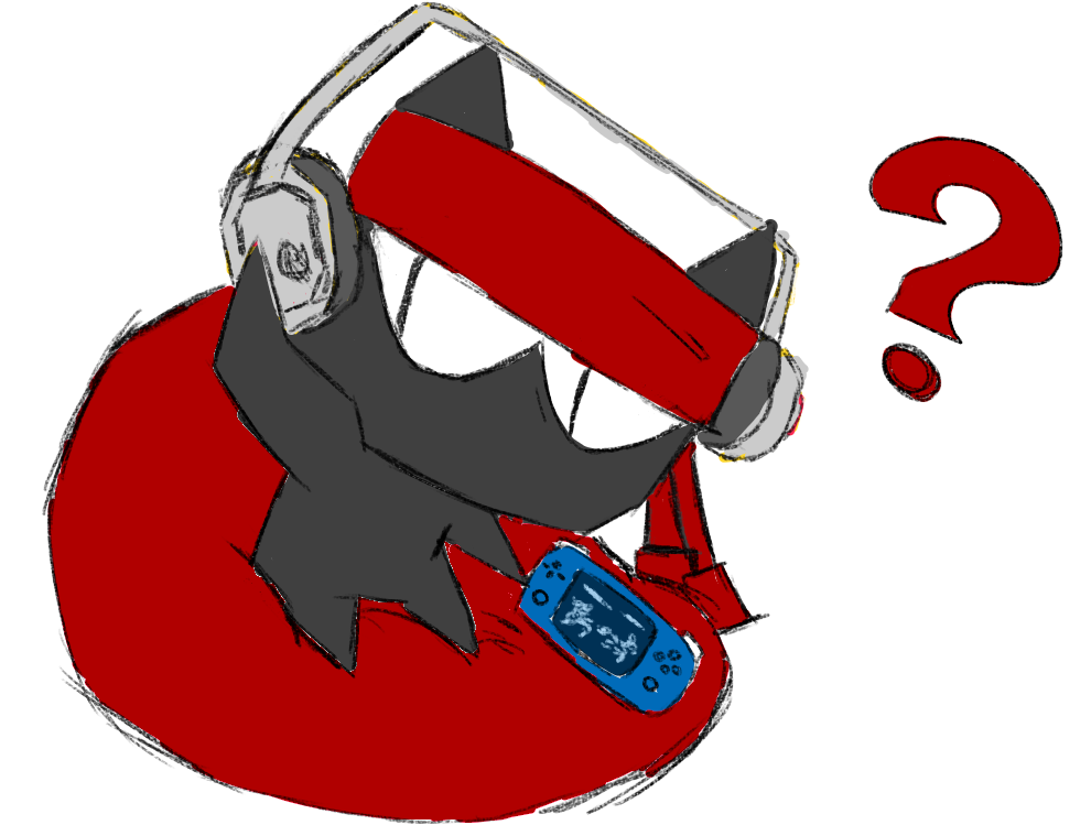 Casio P. (a cat wearing a karate headband) playing a portable video game on a bean bag chair, lifting up their headphones in confusion